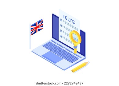 English Proficiency Test and Exam. IELTS International English Language Testing System. Vector illustration.