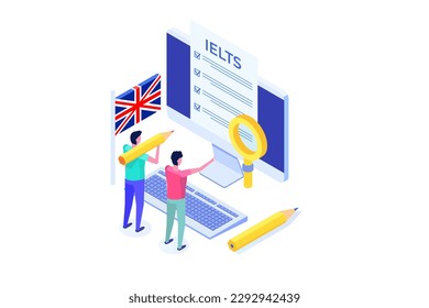 English Proficiency Test and Exam. IELTS International English Language Testing System. Vector illustration.