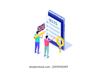 English Proficiency Test and Exam. IELTS International English Language Testing System. Vector illustration.