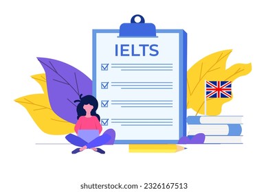 English Proficiency Test and Exam. IELTS International English Language Testing System. Vector illustration.