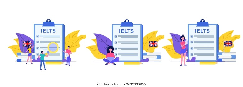 English Proficiency Test and Exam. IELTS International English Language Testing System. Vector illustration set, collection.