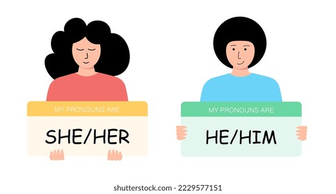 English pronouns She and He. Beautiful girl and man with signs for a book, presentation, website, application, education.