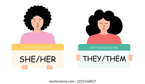 English pronouns She and They. Beautiful girls with signs for a book, presentation, website, application, education