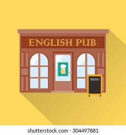 English pub bar icon with long shadow, vector illustration