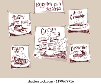 English pub classic desserts hand drawn drawing