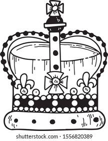 English queen crown. Vector illustration, hand drawn sketch, line art, isolated on white background. London symbol.