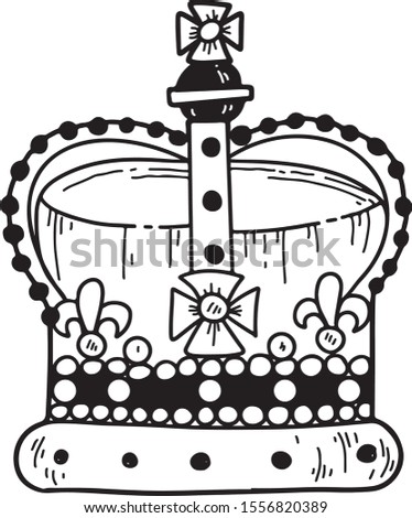 English queen crown. Vector illustration, hand drawn sketch, line art, isolated on white background. London symbol.