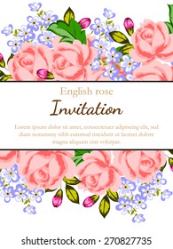 English rose. Romantic botanical invitation. Greeting card with floral background.