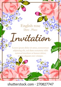 English rose. Romantic botanical invitation. Greeting card with floral background.