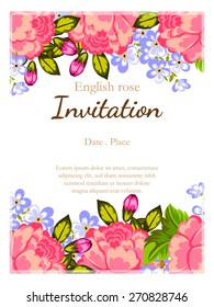 English rose. Romantic botanical invitation. Greeting card with floral background.