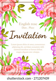 English rose. Romantic botanical invitation. Greeting card with floral background.