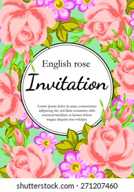 English rose. Romantic botanical invitation. Greeting card with floral background.