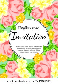 English rose. Romantic botanical invitation. Greeting card with floral background.