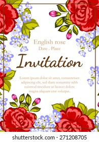 English rose. Romantic botanical invitation. Greeting card with floral background.