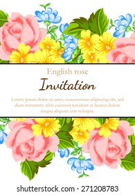 English rose. Romantic botanical invitation. Greeting card with floral background.