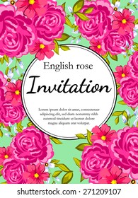 English rose. Romantic botanical invitation. Greeting card with floral background.