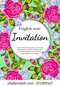 English rose. Romantic botanical invitation. Greeting card with floral background.