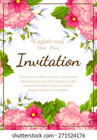 English rose. Romantic botanical invitation. Greeting card with floral background.
