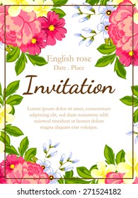 English rose. Romantic botanical invitation. Greeting card with floral background.