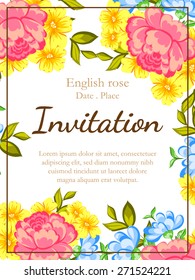 English rose. Romantic botanical invitation. Greeting card with floral background.