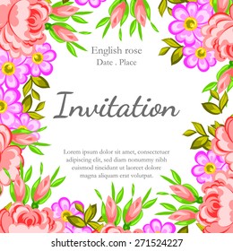 English rose. Romantic botanical invitation. Greeting card with floral background.