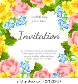 English rose. Romantic botanical invitation. Greeting card with floral background.