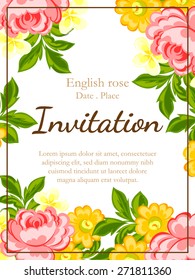 English rose. Romantic botanical invitation. Greeting card with floral background.