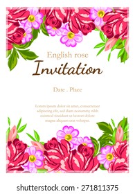 English rose. Romantic botanical invitation. Greeting card with floral background.