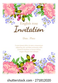 English rose. Romantic botanical invitation. Greeting card with floral background.