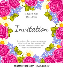 English rose. Romantic botanical invitation. Greeting card with floral background.