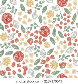 English Rose, Seamless wallpaper pattern with red roses, red petals and green leaves on white background