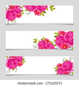 English rose. Three floral banners. Flower vector background brochure template.