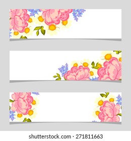 English rose. Three floral banners. Flower vector background brochure template.