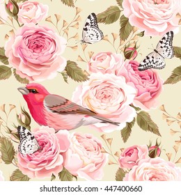 English roses and birds seamless