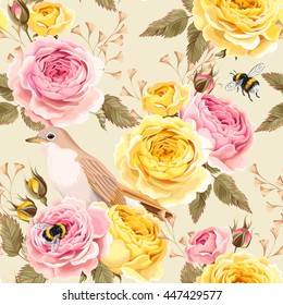 English roses and birds seamless