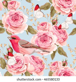 English roses and birds seamless