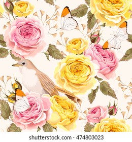 English roses and birds seamless