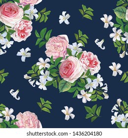 English roses and Jasmine white flower on blue background - Vector illustration