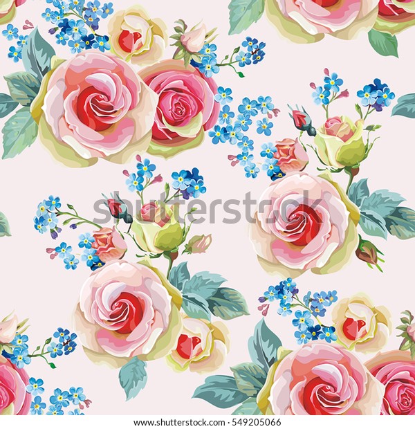 イギリスのバラのシームレスな模様 春のビンテージ花柄の背景 美しいベクターイラストのテクスチャー のベクター画像素材 ロイヤリティフリー