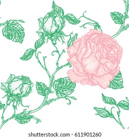 English roses seamless pattern in victorian etching style. Boho print, poster, t-shirt. textiles. Highly detailed. Hand-drawn, retro card design. vector illustration