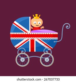 English Royal Baby In Baby Carriage With British Flag.