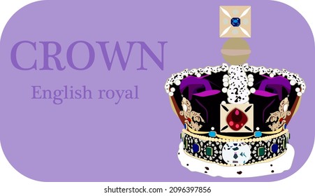 English royal crown. Below is soft white fur. In the middle is a red ruby. Higher power. Logo. Power and luxury concept. Purple background. Rectangular background.