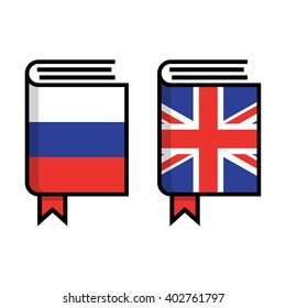 English and Russian dictionary flat vector icon on white background. Learn foreign language.
