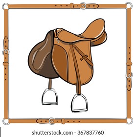 English saddle in leather belt frame on white. Equestrian leather harness with stirrup and girth. Horse riding tack equipment, vector.
