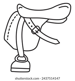 English saddle.Horse saddle.Cowboy saddle.Horse riding tack gear.Equestrian sport tool.Items for horses. Hippodrome and horse symbol.Outline vector illustration.Doodle sketch style.