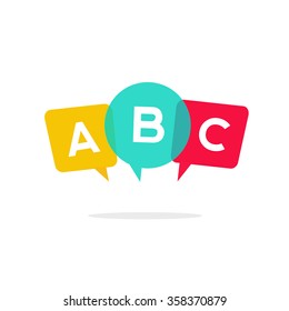 English school badge vector logo, language learning emblem icon with bubble speeches and a b c letters inside, symbol of speaking club translation education modern simple flat design isolated on white