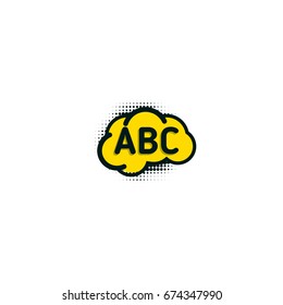 English school badge vector logo, language learning emblem icon with bubble speeches and a b c letters inside, symbol of speaking club translation education modern simple flat design abstract brain.