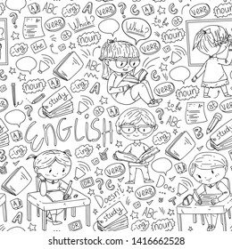 English school for children. Learn language. Education vector illustration. Kids drawing doodle style image.