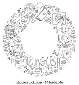 English school for children. Learn language. Education vector illustration. Kids drawing doodle style image.