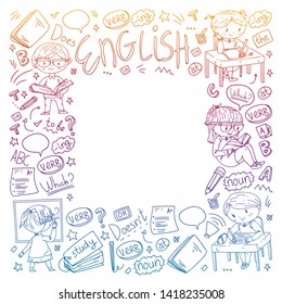 English school for children. Learn language. Education vector illustration. Kids drawing doodle style image.